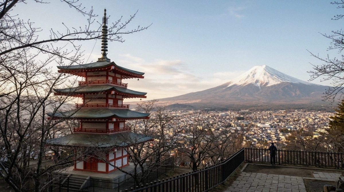 Chureito Pagoda above Fujiyoshida with Mount Fuji behind it in clear morning light, the first stop on most Mount Fuji private tour itineraries