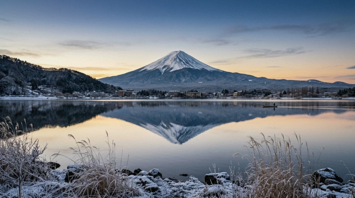 Mount Fuji reflected in still water at Lake Kawaguchi on a clear winter morning, the best visibility window for a Mount Fuji private tour